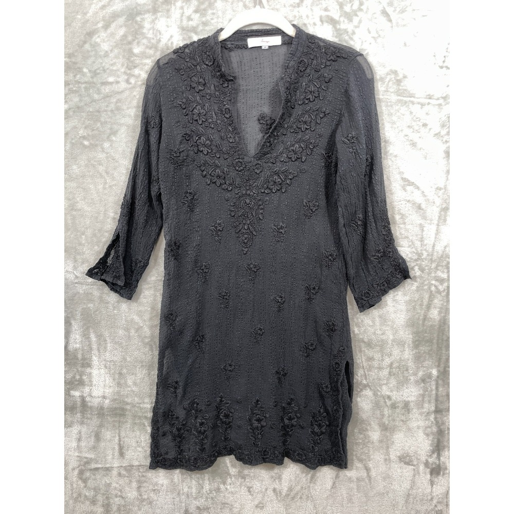 Amaya Embroidered Tunic Top Sz 40/Small Black Sheer Lightweight Resort  Boho